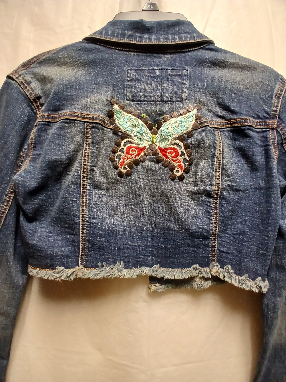 Younique Cropped Embroidered Butterfly Denim Jacket - Blue - Picture 2 of 8